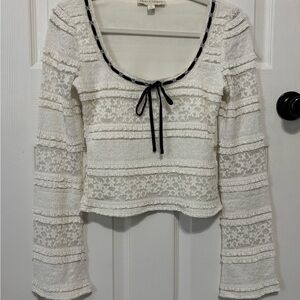White Lace-Trim Scoop Neck Long Sleeve Top with Black Tie S